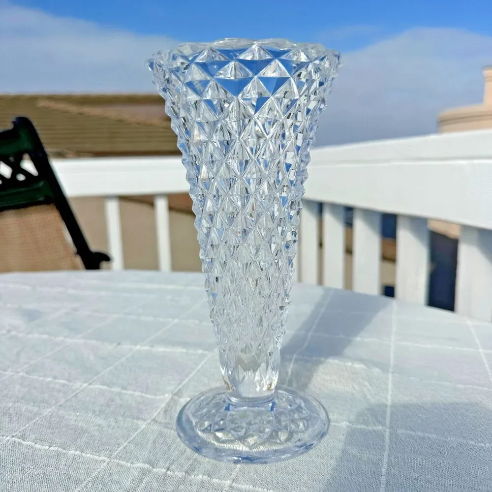 Vintage Pressed Glass Diamond Pattern Bud Vase Clear Footed Mid Century‎ Gift